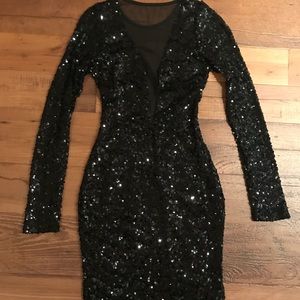 Sexy Black Sequin & Mesh Insert Dress
